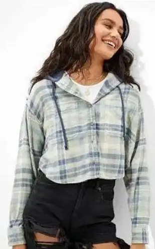 American Eagle Cropped Flannel Hoodie