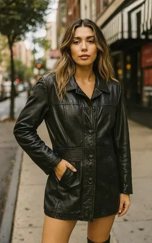 Vintage Pelle Studio Leather Trench Black 90s Grunge Moto Fall Red Lining XL