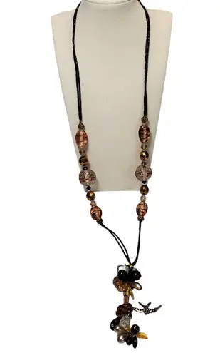 Retro Bee Rose Bird Bead Cluster Necklace Extra Long Y Drop 32" Boho Bohemian