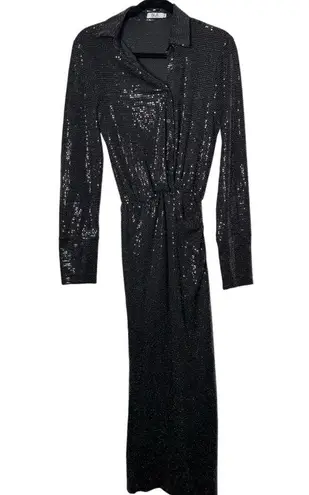SLA THE LABEL Sz XS Women's Black Sequin Vneck Long Sleeve Ebony Midi Dress