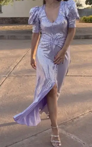 ROTATE Sierina Ruched Puff Sleeve Metallic Midi Dress in Purple Size US 0