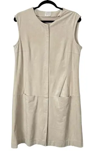 EUC RIANI Sleeveless Dress Apron Pockets Double Zip Taupe Faux Suede Size 10 Tan