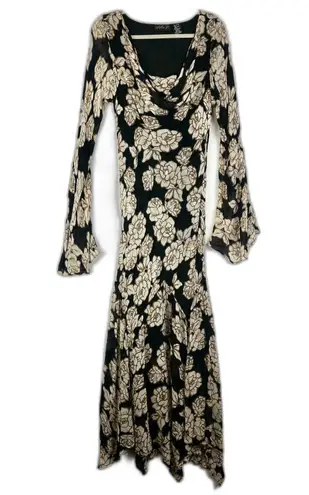 Vintage Lola P Beaded Floral Maxi Dress Size XL Cowl Neck Long Sleeve 90s Y2K Black