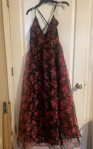 Lulus Simply Divine Black and Red Floral Print Organza Maxi Dress Medium Bridal