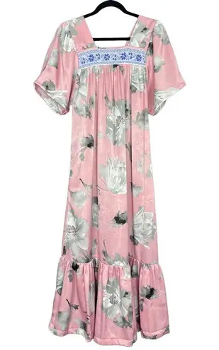 Handmade Muumuu Dress Floral Light Pink Maxi Ruffle Greek Ribbon Short Sleeves Size M