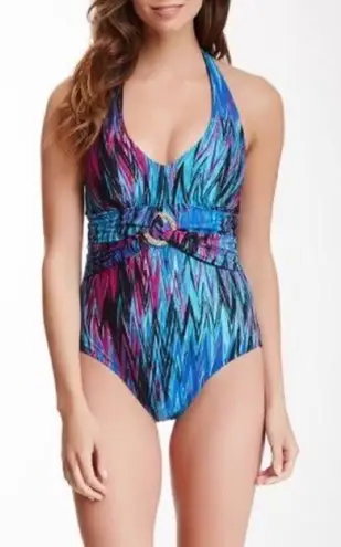 Spanx  Wavelength blue one piece halter swimsuit shaping slimming Size 10 - Image 1