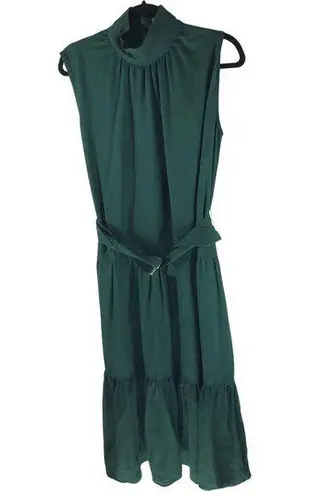 Style Mafia Midi Dress Mock Neck Belted Tiered Sleeveless Emerald Green M Size M