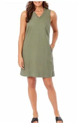 Briggs New York Briggs Ladies Women Ruffle V-Neck Linen Blend Dress, Green ( Olive )