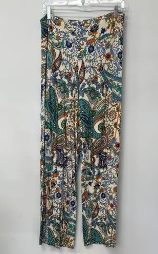 Cato  Wide Leg Pants Vibrant Floral Paisley Design Blue Greens Small Oversized