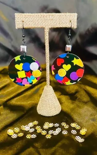 Artisan Bold Geometric Dangle Earrings | Colorful Shapes on Black | Square Metal Accent