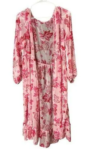 Pink Floral Swim Coverup with Flowing Sleeves Size L