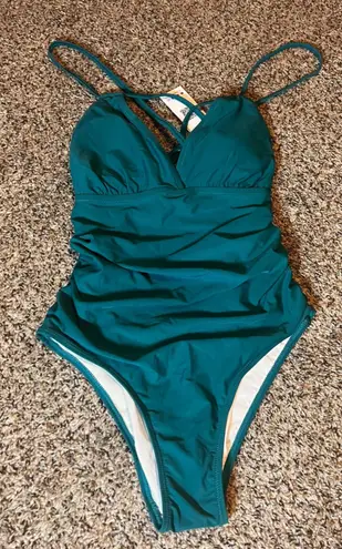 Charmo Ruched One Piece Swimsuit Criss Cross Back Teal Green NEW Size M