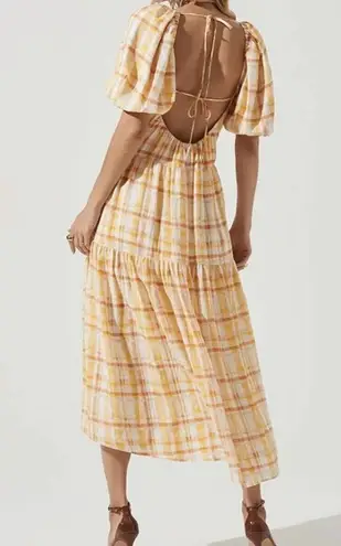 astr the label Ilana Dress Yellow Plaid M Open back Boho Puff Sleeve Pockets Size M