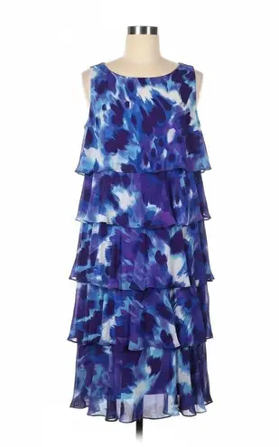 Dressbarn Dress 14 Blue Purple Watercolor Tiered Ruffle Midi Flowy Vacation