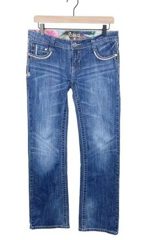 Adiktd Dark Wash Denim Boot Cut Jeans Low Rise Crystal Embellished Size 6 Short