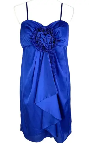 Max and Cleo Satin Mini Cocktail Dress Rosette Spaghetti Strap Size 10 Blue Prom