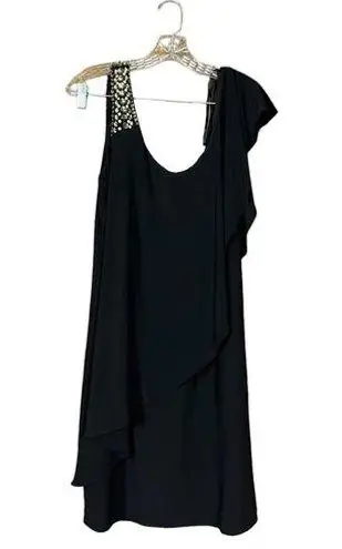 Betsy and Adam Women's Black & Gold Cold Shoulder Mid Length Dress