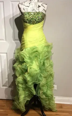Prom Gown Dress High Low Curls Bright Neon Evening Formal Costume Lime Embellished Beads Corset Green