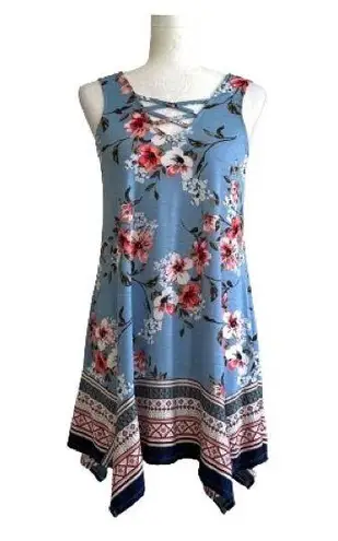 Three Pink Hearts Blue Floral Sleeveless Handkerchief Tunic Top Dress XS NEW