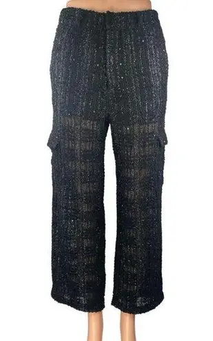 Religion Black Metallic Tweed Knit Straight High Waist Cargo Trousers Pants Sz M