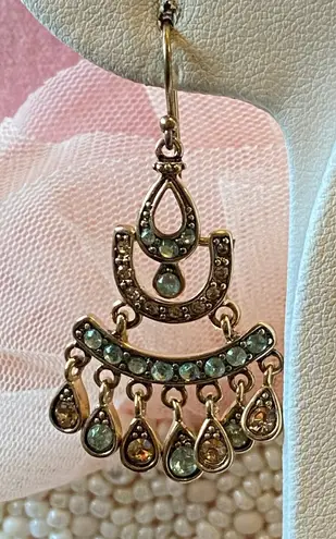 Vintage Glamour Gold Tone Teal Amber Crystal Chandelier Dangle Drop Earrings