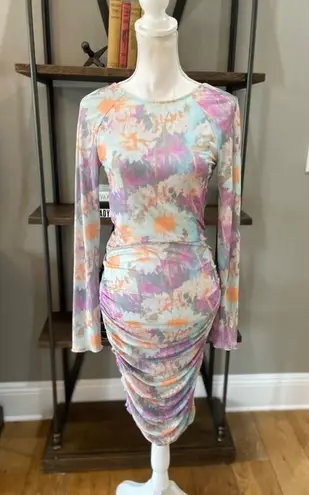 ROTATE BIRGER CHRISTENSEN Ulla Ruched Long Sleeve Bodycon Dress Super Pink Print Size 4