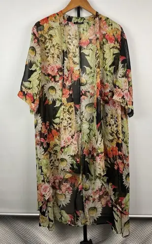 See You Monday Black Multicolor Floral Sheer Open Front Short Sleeve Kimono