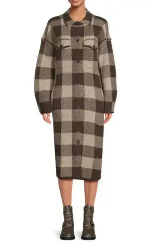 360 SWEATER Indigo Plaid Midi Shirt Dress In Mocaquinoa Small Alpaca Wool Brown