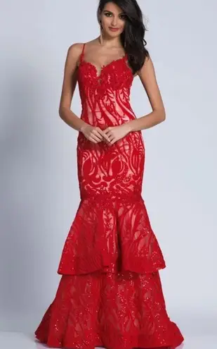 Dave and Johnny Red Nude Prom Pageant Mermaid Gown