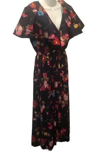 VTG 80’s Deep V Navy Floral Maxi Dress 12/14 Flowy Sleeve Collar Elastic Waist Multiple