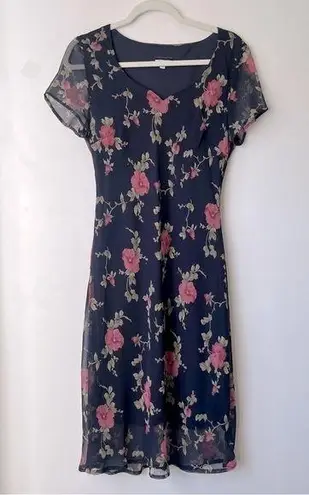 Vintage 90s Believe... Navy Floral Midi Dress 10 Blue