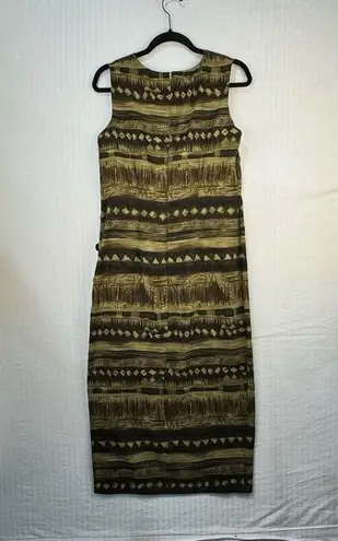 R & K Green Brown Tribal Print Sleeveless Maxi Shift Dress Size 8 Button Accents