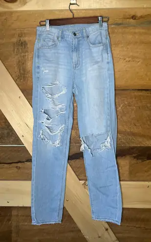 American Eagle Blue Mom Straight Jeans Distressed Ripped Size 0 Regular