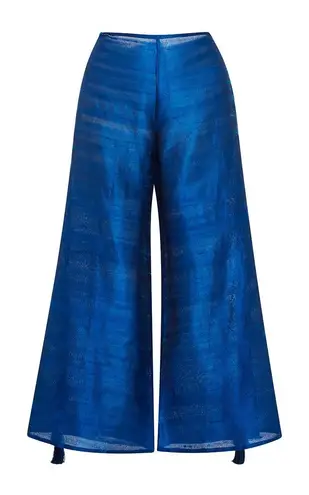 Rhode Resort Lotta high-waist wide leg tassel cropped blue silk pants size small