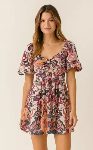 House of Harlow 1960 Puff Sleeve Mini Dress Linen Floral Size 2 Garden Party