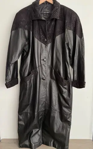 Vintage 80s Pelle Black Leather Trench Coat Shoulder Pads Suede Embossed Trim M Size M