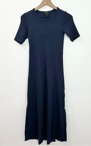 AYR The Moderne Ribbed Jersey Knit Side Slit Midi Dress Short Sleeve Navy XS