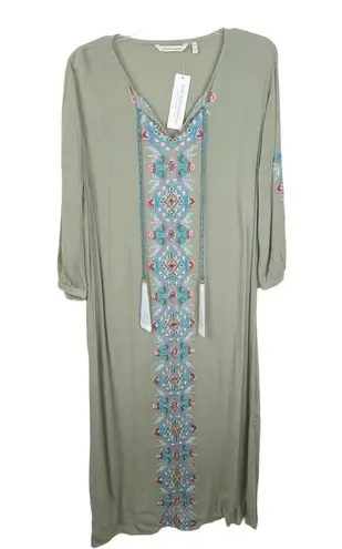 Soft Surroundings NEW PM 10-12 Sicily Guaze Boho Embroidered Maxi Dress in Olive