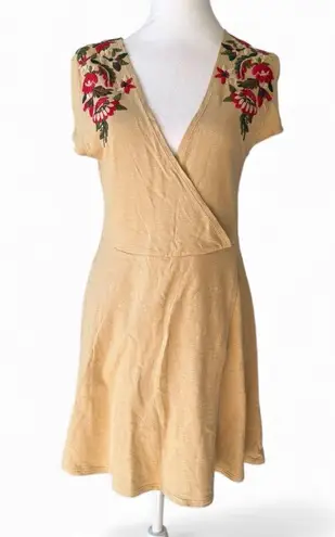 Zara knit faux wrap dress tan with floral embroidery Sz small short sleeve