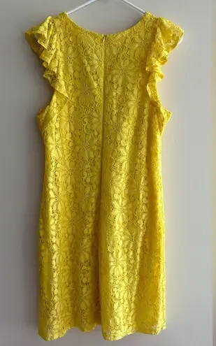 London Times Yellow Floral Sheath Dress, Crochet Lace Ruffle Dress, Size 10