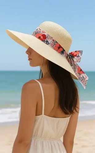 Straw Sun Hat Wide Brim Floral Bow 100% Grass Small Beachy Summer Chic Vacation Pink