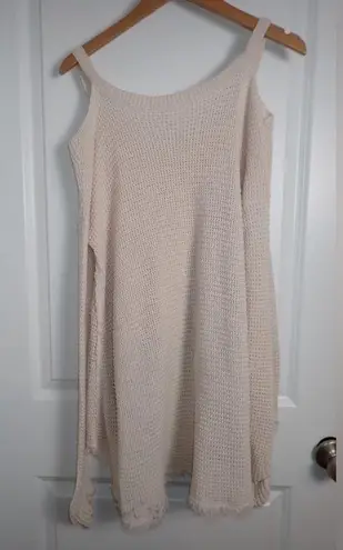 Free People Womens Pullover Sweater Ivory Cold Shoulder V Neck Ribbed Fringe S