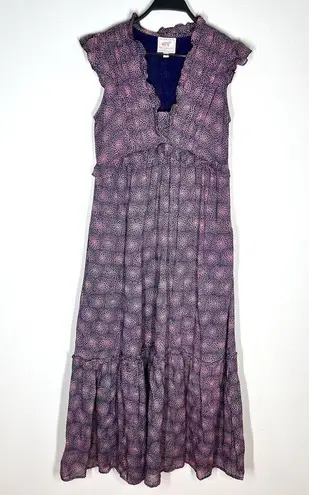 Banjanan Sz S Constance Dress Petal Power Blueprint Print Cotton Voile Maxi Blue