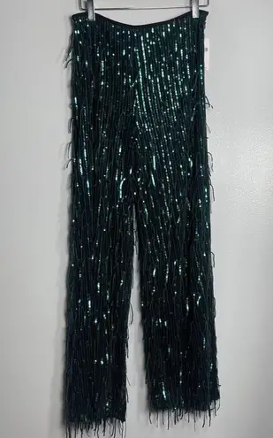 Maeve Fringed Sequin Pants Size 0 Green NEW Anthropologie Party Holiday Sparkle