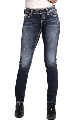 Silver Jeans Suki Mid Rise Straight Leg Denim Jean 30x32 Medium Wash Whiskering