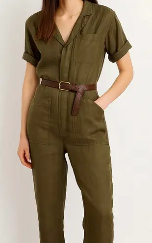 Alex Mill Utility Jumpsuit Olive Green Linen Short Sleeve Belted Cargo Pockets S