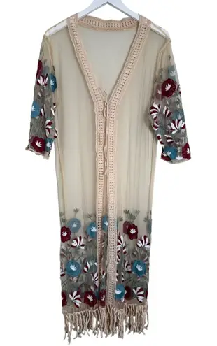 Sheer Embroidered Floral Kimono Duster S Cardigan Boho Crochet Trim Fringe Hem Tan