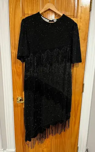 Scala Plus Size 1X Black Beaded Cocktail Sequin Fringe Party Dress Flapper Style