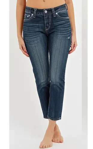 Silver Jeans Co Womens Suki Flap Capris Dark Wash Embroidered Sequin Curvy