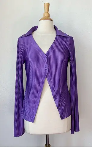 Lyaner Brand Retro Solid Purple Textured Cut Out Long Sleeve Collared Blouse